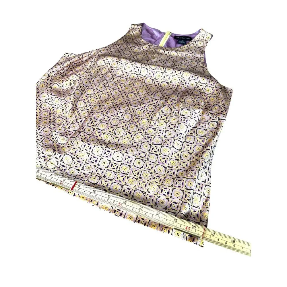 Ann Taylor Womens Sleeveless Silk Top Size 6 Gold & Purple Geometric Pattern - Picture 9 of 10
